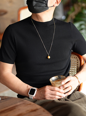 秋季美式复古高级感半高领打底短袖针织衫男纯色气质半袖百搭毛衣