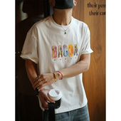 港风休闲字母刺绣纯棉重磅短袖 纯色圆领打底衫 T恤男春季 潮流爆款