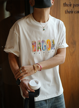 港风休闲字母刺绣纯棉重磅短袖T恤男春季潮流爆款纯色圆领打底衫
