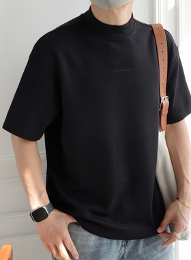 港风复古极简设计半高领短袖T恤男士秋冬新款潮牌净版廓形半袖衫