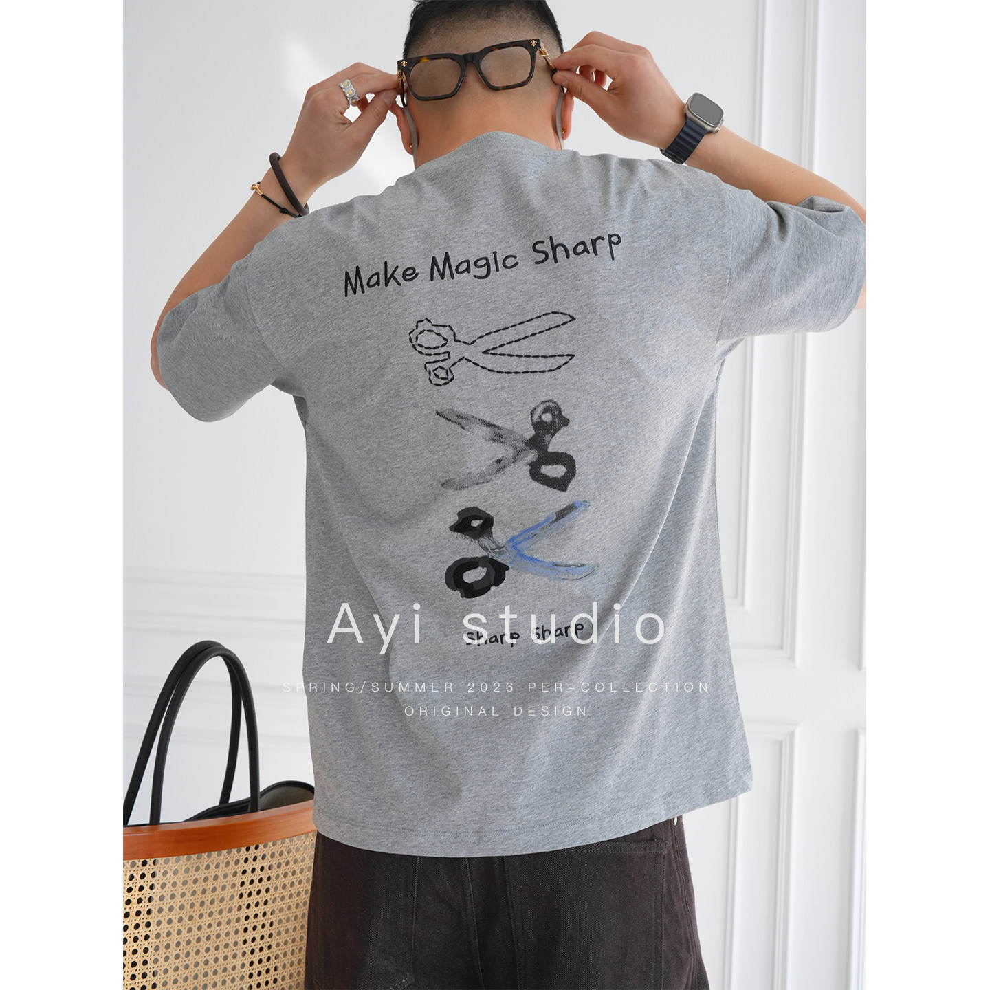 美式潮牌立体剪刀字母印花短袖T恤男夏季时尚新款简约百搭圆领衫