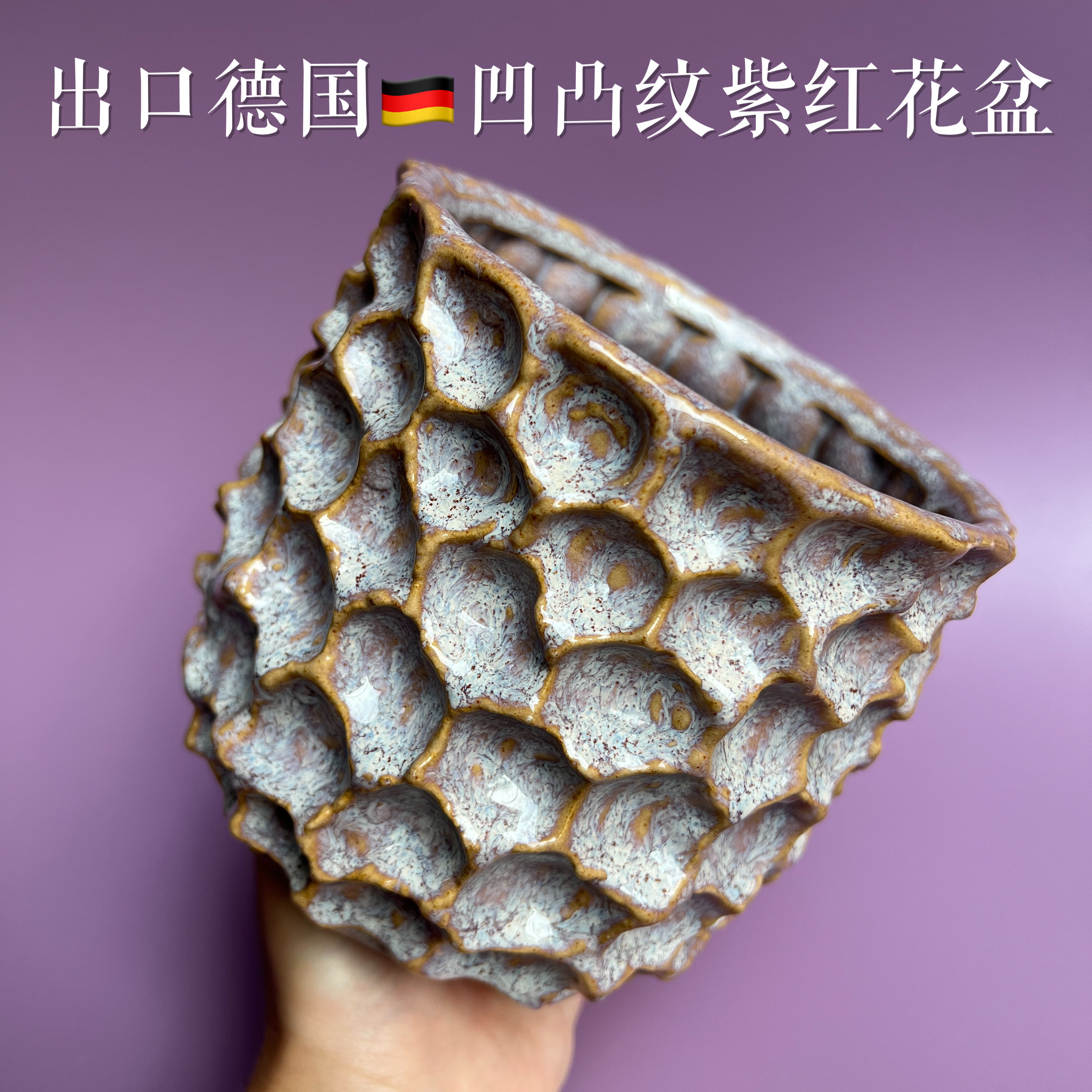 出口外贸原单陶瓷凹凸纹设计感紫红圆形植物唯美室内桌面摆件花盆