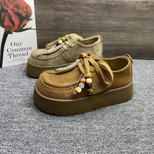 撤柜处理头层牛皮厚底勃肯鞋女2025秋季新款串珠袋鼠鞋百搭休闲鞋