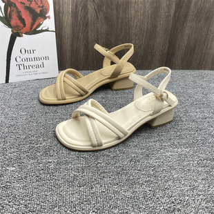 撤柜处理一字扣带露趾罗马凉鞋女真皮2025夏新款粗跟跟仙女风凉鞋