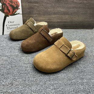 品牌撤柜处理真皮加绒包头内增高拖鞋女2025秋冬款保暧懒人勃肯鞋