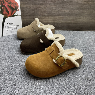 品牌撤柜处理真皮女鞋包头穆勒拖2025冬新款厚底加绒勃肯棉拖鞋子