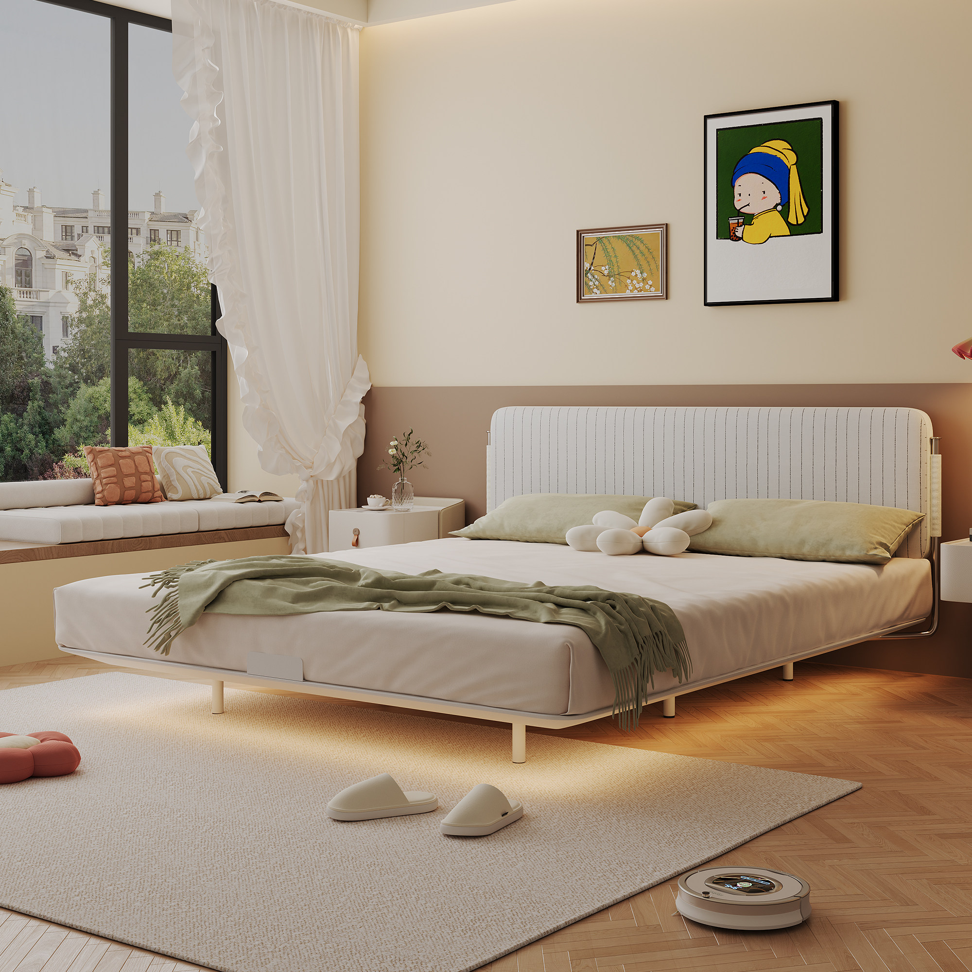 AcrCoi奶油风可拆洗床头悬浮小户型齐边超薄靠背碳素钢架子布艺床