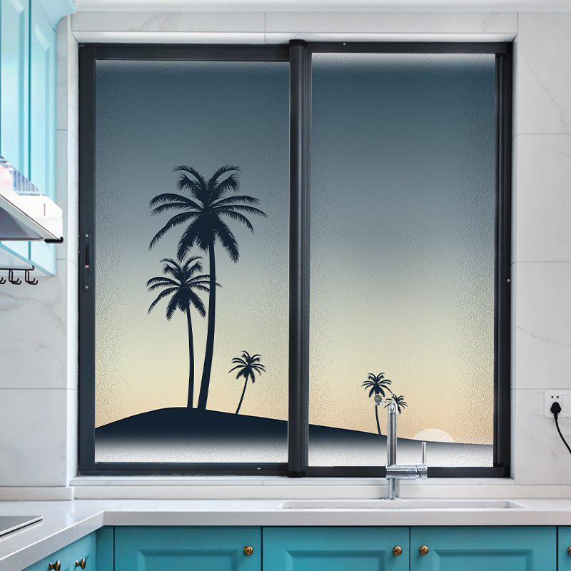 厨房窗户玻璃贴纸定制静电磨砂膜风景椰子树窗贴纸防窥透光不透明