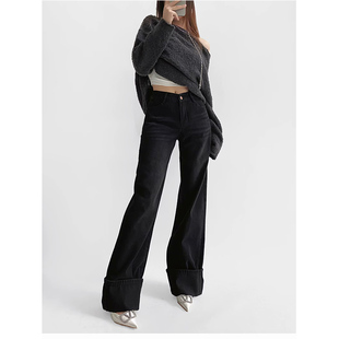 阔腿高街休闲拖地长裤 中腰蛋卷黑色牛仔裤 秋 复古新款 ZRSHOP美式