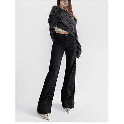 休闲设计感斜纹卷边辣妹风长裤