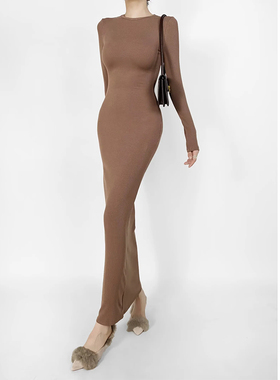 ZRSHOP卡戴珊平替纯欲修身长袖连衣裙女辣妹显瘦圆领秋冬包臀裙