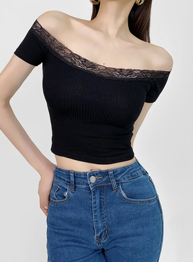 ZRSHOP纯欲性感蕾丝花边一字领露肩短袖T恤弹力紧身露脐短上衣夏