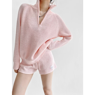 松弛宽松套装 ZRSHOP华夫格半拉链针织套头卫衣休闲短裤 25早春新款