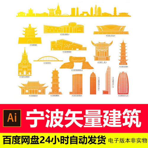宁波城市剪影地标建筑标志会展背景宁波旅游景点AI矢量素材