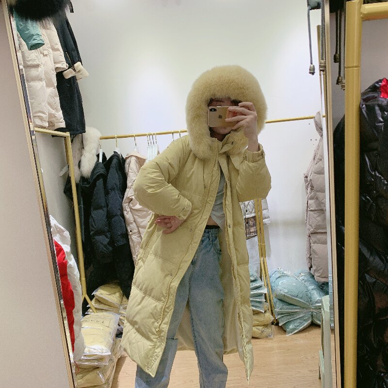 反季夏诗文同款狐狸毛领羽绒服女中长款加厚过膝宽松网红爆款收腰