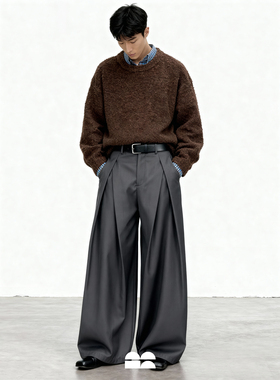 立体褶皱A字阔腿垂感拖地西裤小众设计休闲裤新款通勤长裤老钱风