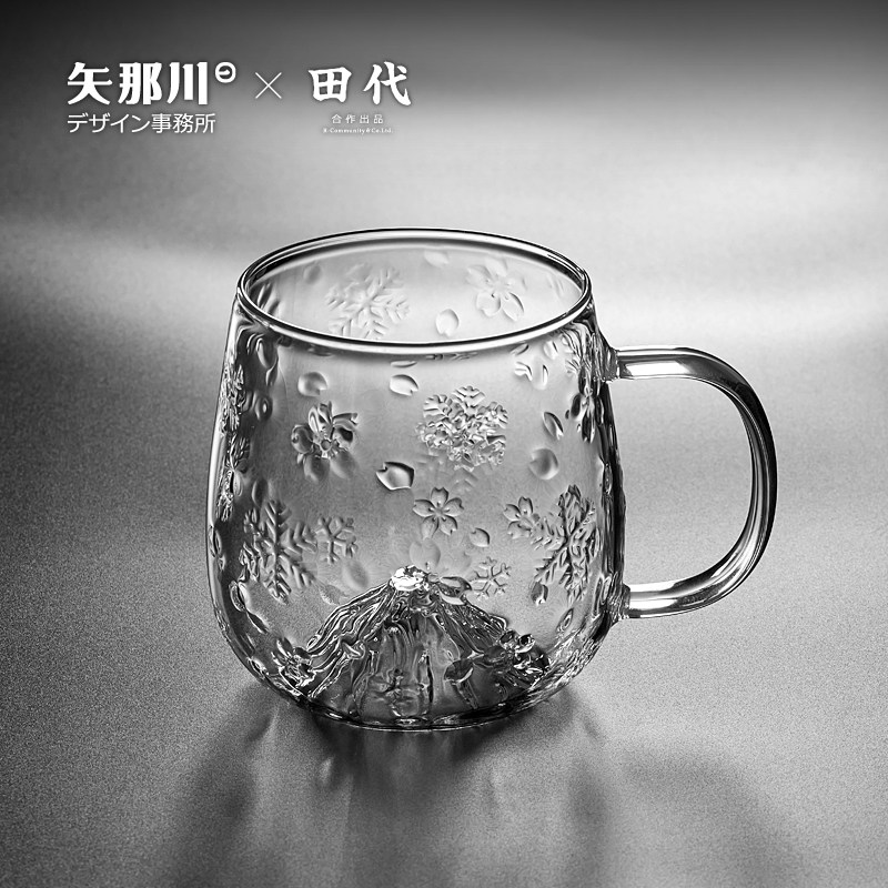 日式雪樱杯 好看的带把玻璃杯ins风耐热茶杯喝水杯办公室家用水杯
