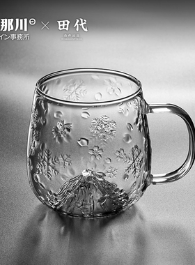 日式雪樱杯 好看的带把玻璃杯ins风耐热茶杯喝水杯办公室家用水杯