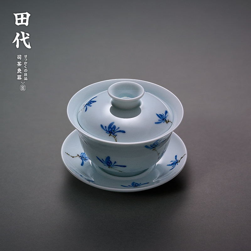 手绘青花陶瓷盖碗白青茶杯茶碗带盖子三才单个大号功夫家用茶具套
