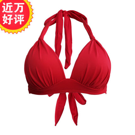 挂脖绑带性感泳衣女红色大罩杯比基尼大胸暴露EF杯无钢圈单件上衣