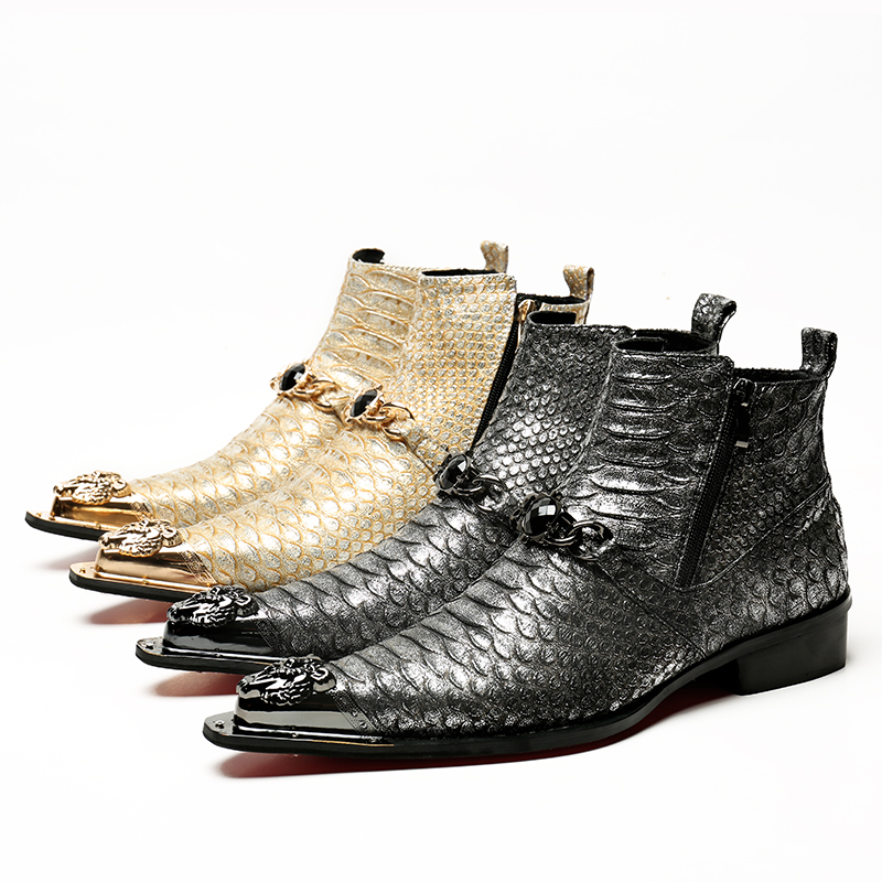 2025韩版个性时尚美发师潮流男靴青年蛇纹皮靴子欧美尖头铁头男鞋