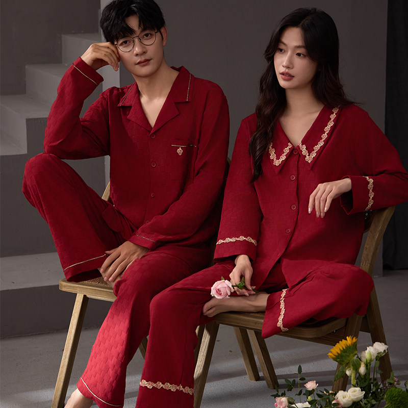 2套价 思馨坊情侣睡衣春秋季纯棉提花格子红色结婚新婚男女家居服,女士内衣/男士内衣/家居服,睡衣/家居服套装,淘宝优惠券,粉丝福利购,淘宝优惠卷