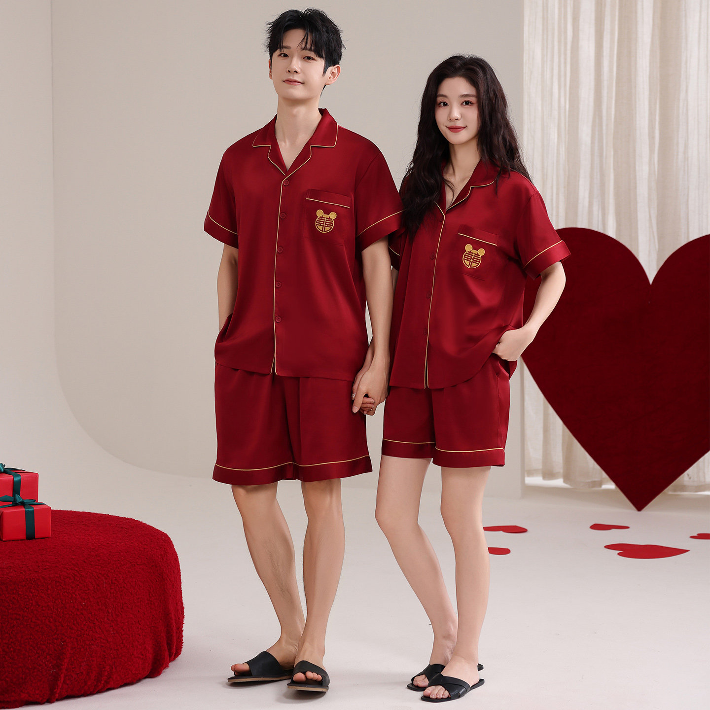 思馨坊2026新款红色冰丝凉感短袖短裤情侣睡衣夏季结婚男女家居服