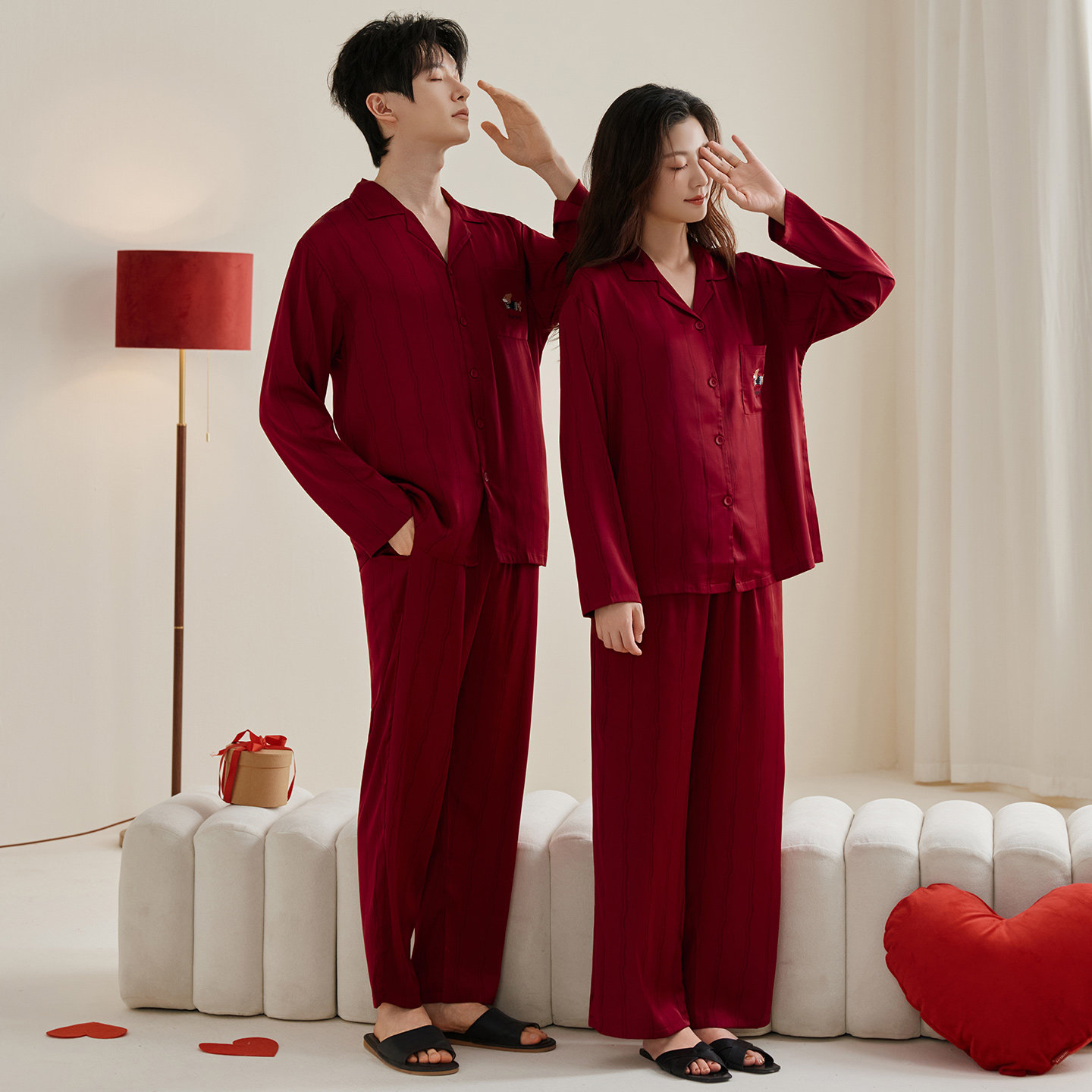 思馨坊带胸垫睡衣冰丝情侣春秋季新婚长袖红色本命年男女士家居服