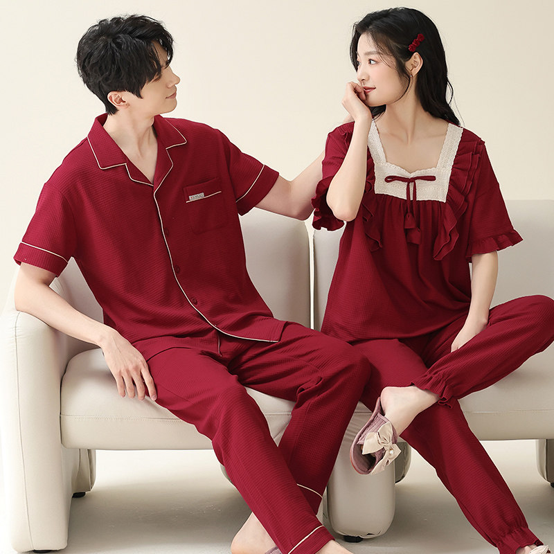情侣纯棉红色结婚短袖长裤家居服