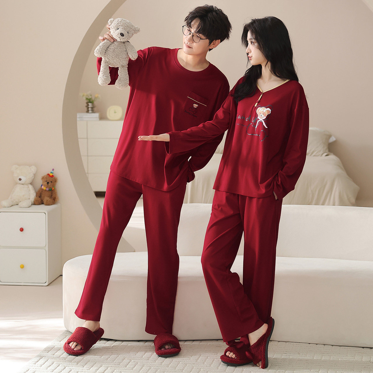 思馨坊100%纯棉红色结婚睡衣套装