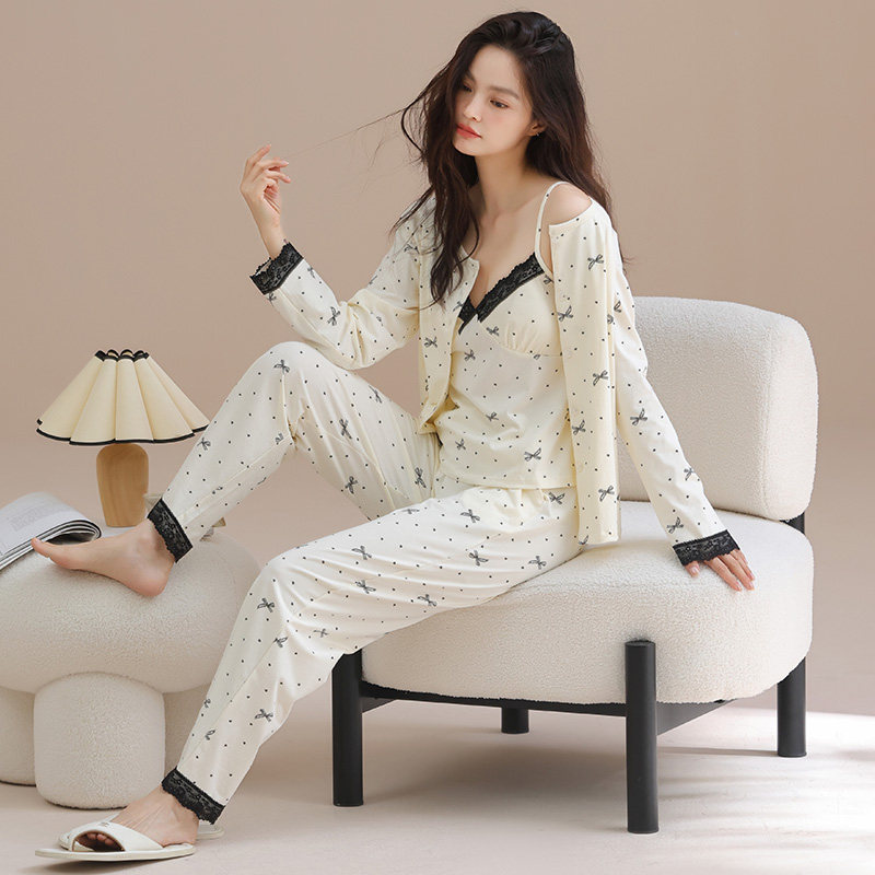 思馨坊睡衣女款2026年新款春秋季纯棉长袖三件套带胸垫家居服套装