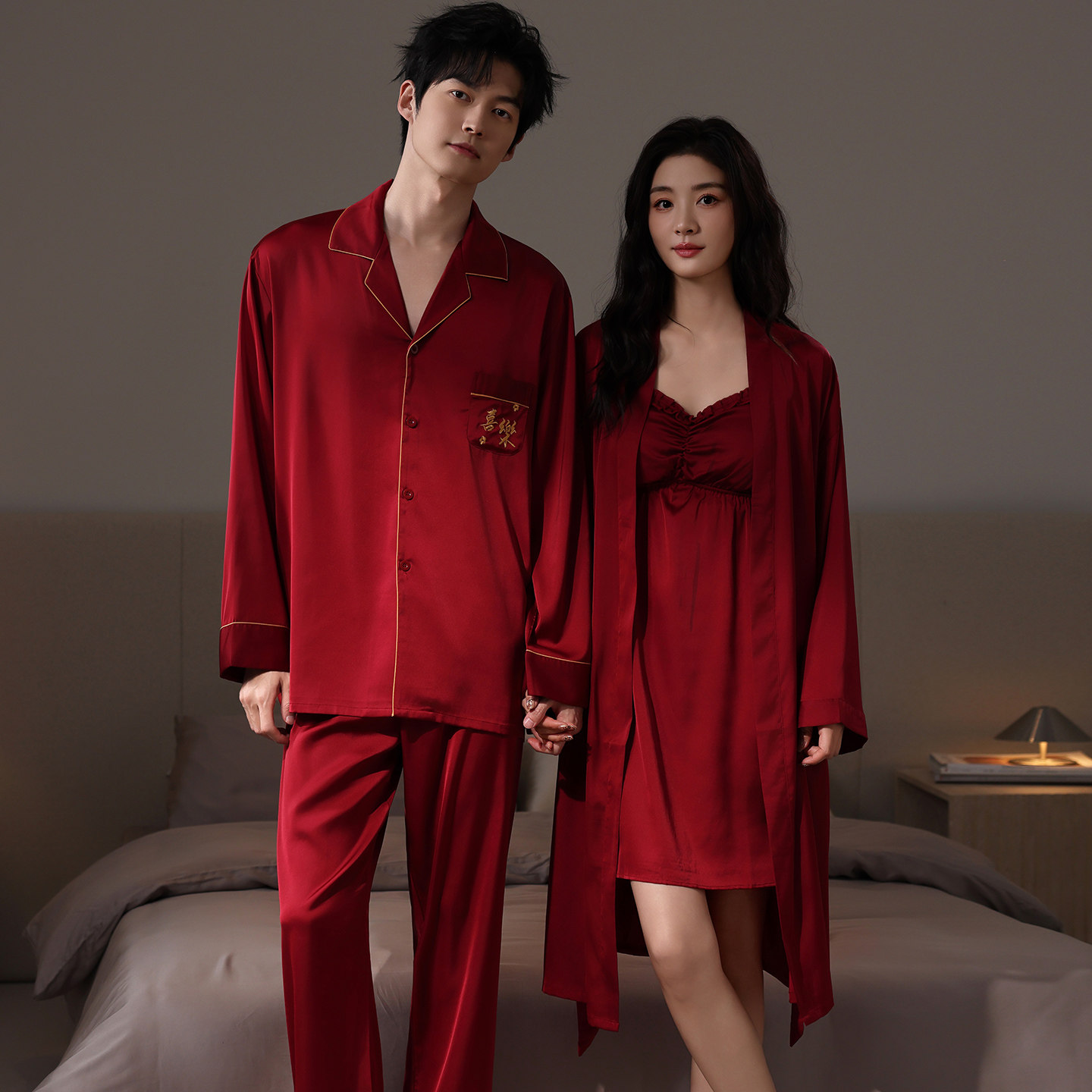 思馨坊睡衣结婚新婚情侣冰丝红色睡袍浴袍女婚用男士家居服套装春