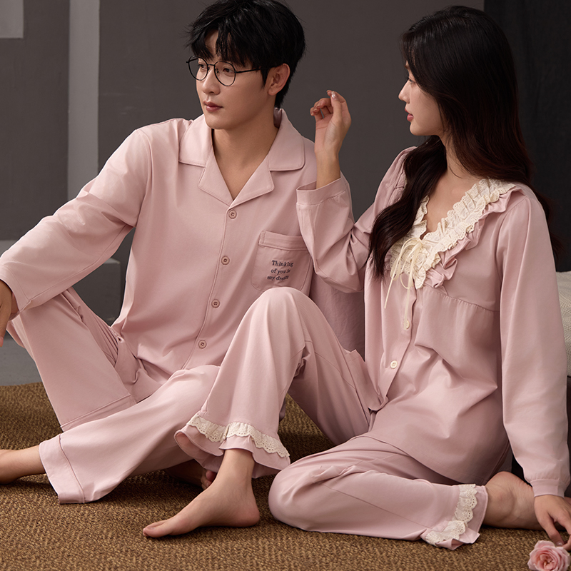 情侣春秋季纯棉宽松开衫睡衣