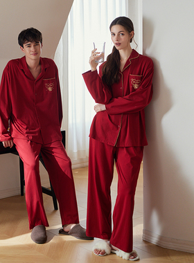 思馨坊情侣睡衣春秋款一男一女纯棉红色新婚结婚家居服套装本命年