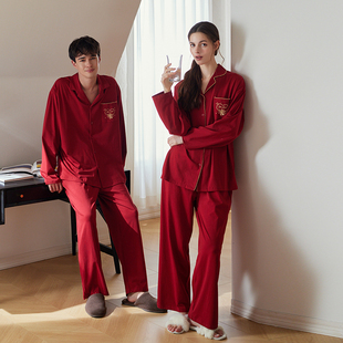 思馨坊情侣睡衣春秋款 本命年 一男一女纯棉红色新婚结婚家居服套装