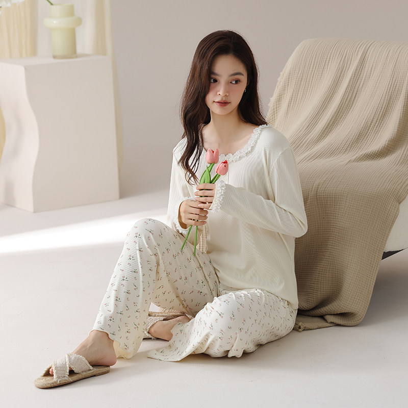 思馨坊睡衣春秋款纯棉女士长袖花边纯欲风小个子碎花可外穿家居服