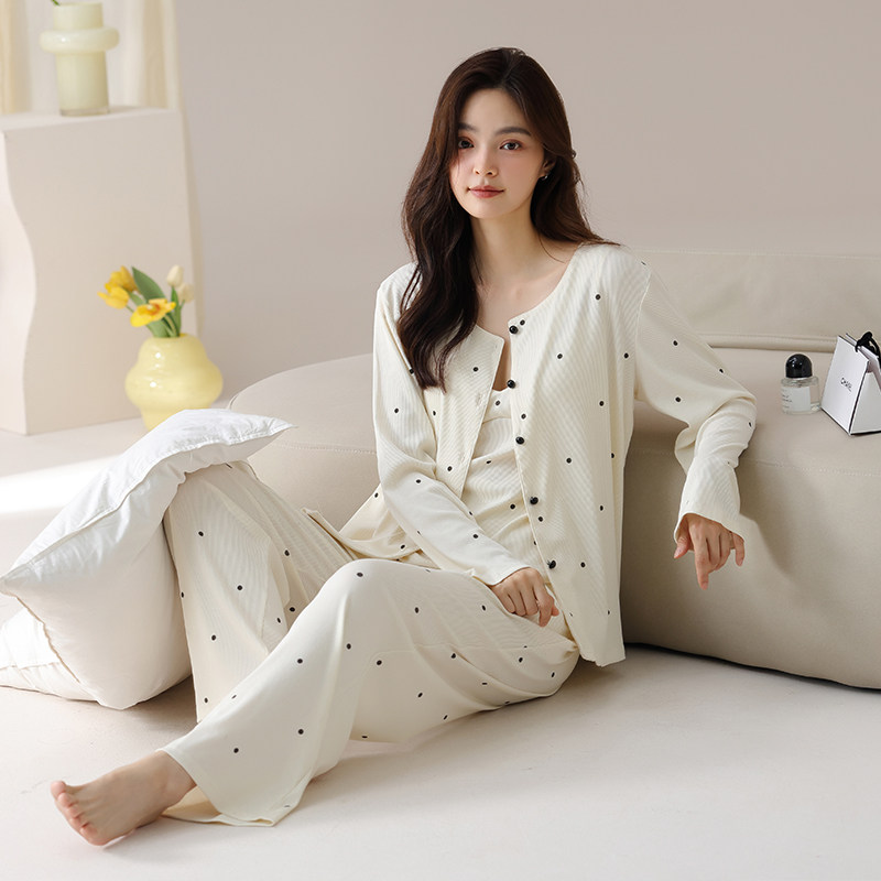 思馨坊睡衣女2025新款春秋季纯棉吊带胸垫长袖圆点家居服三件套装