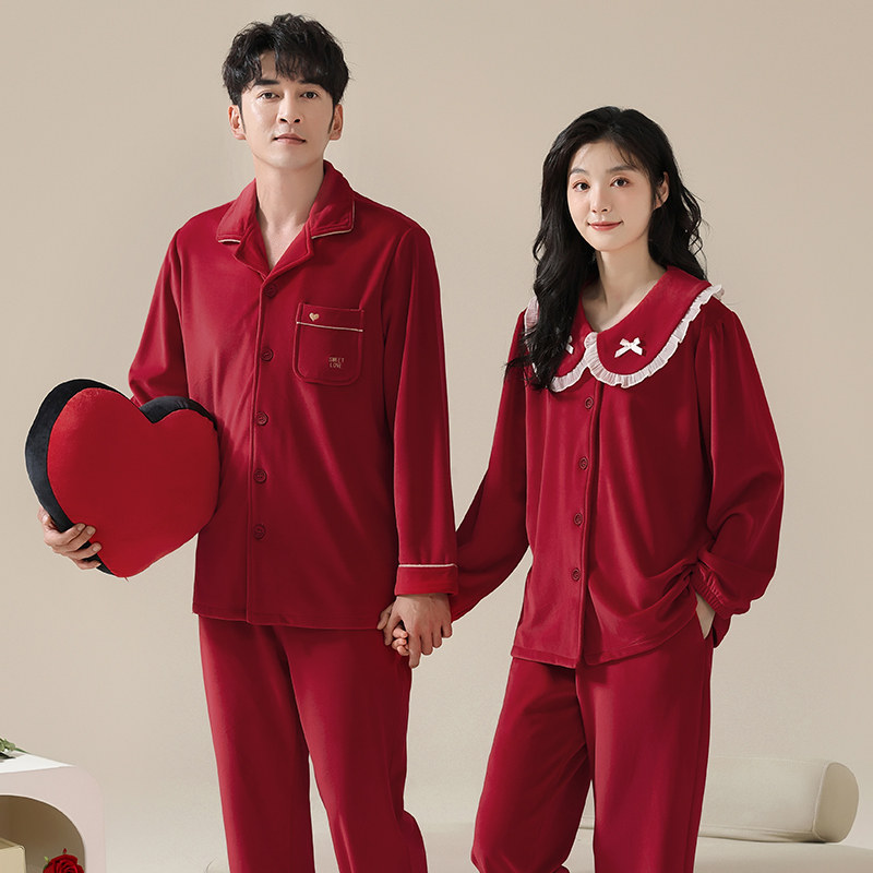 思馨坊情侣睡衣秋冬季海岛绒舒适可爱珊瑚绒红色结婚男女士家居服
