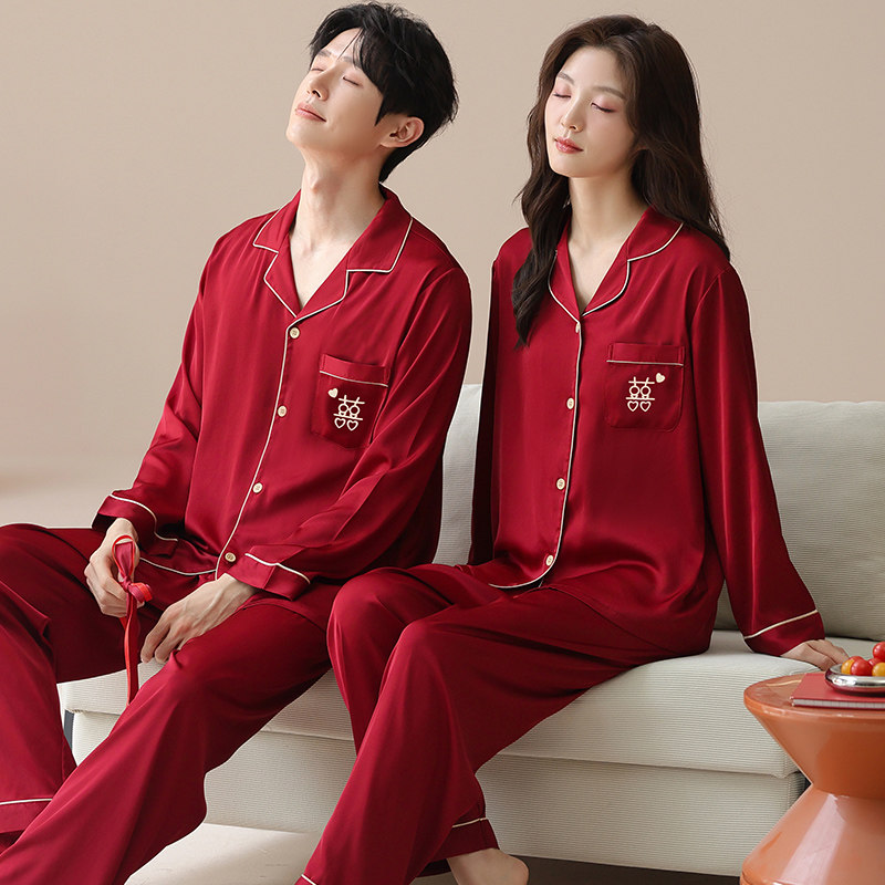 思馨坊冰丝情侣睡衣春秋红色长袖薄款一男一女结婚国风喜庆家居服,女士内衣/男士内衣/家居服,睡衣/家居服套装,淘宝优惠券,粉丝福利购,淘宝优惠卷