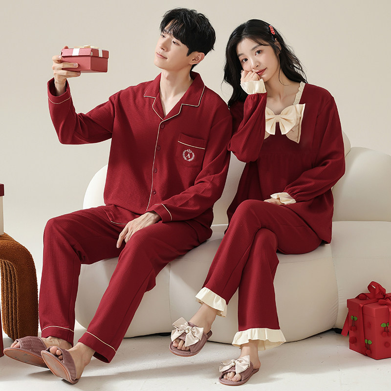 思馨坊情侣睡衣结婚新婚春秋季纯棉长袖华夫格红色男女士家居服冬,女士内衣/男士内衣/家居服,睡衣/家居服套装,淘宝优惠券,粉丝福利购,淘宝优惠卷