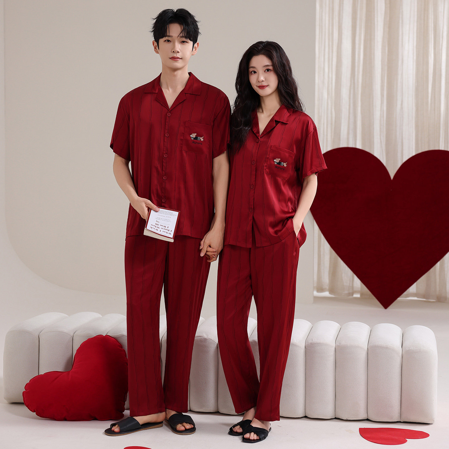 思馨坊情侣冰丝夏季睡衣一男一女红色结婚备婚短袖长裤家居服套装