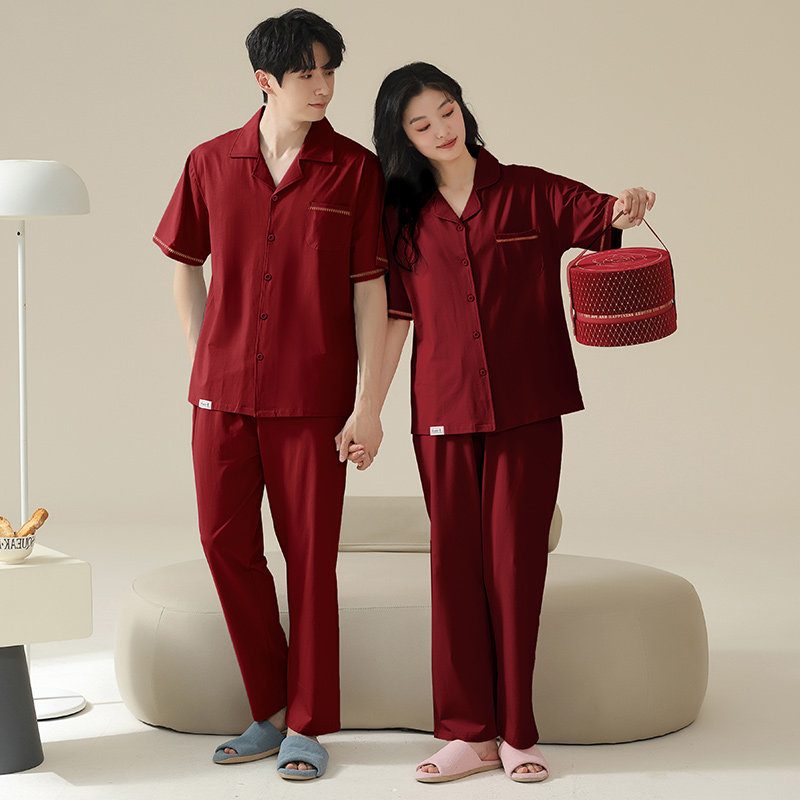 思馨坊睡衣结婚新婚情侣套装红色备婚夏季纯棉短袖长裤情侣男女士