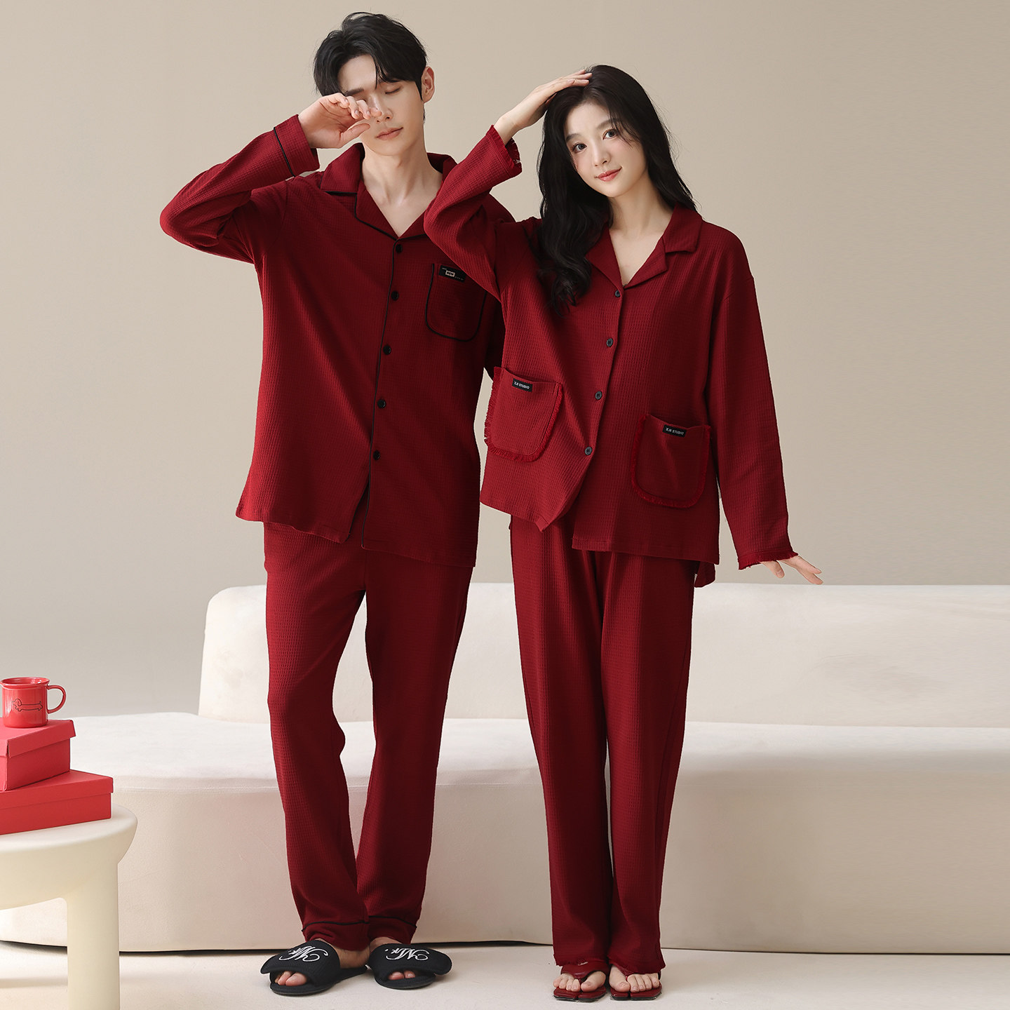 思馨坊情侣纯棉红色结婚睡衣套装