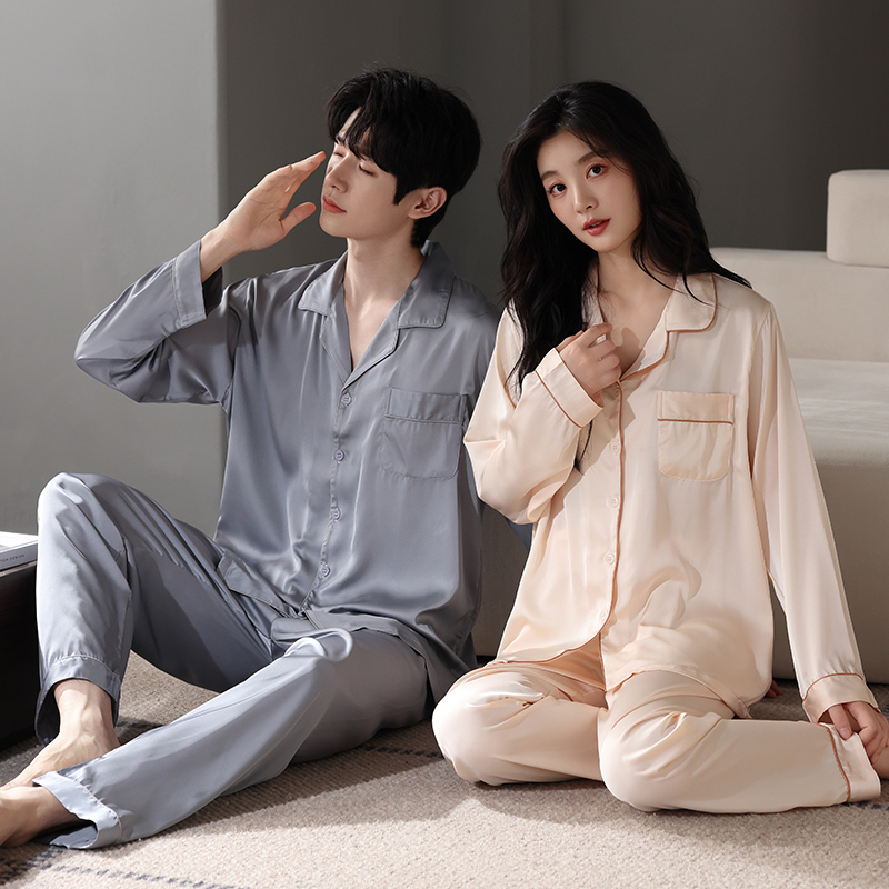 春秋情侣冰丝长袖仿真丝绸家居服