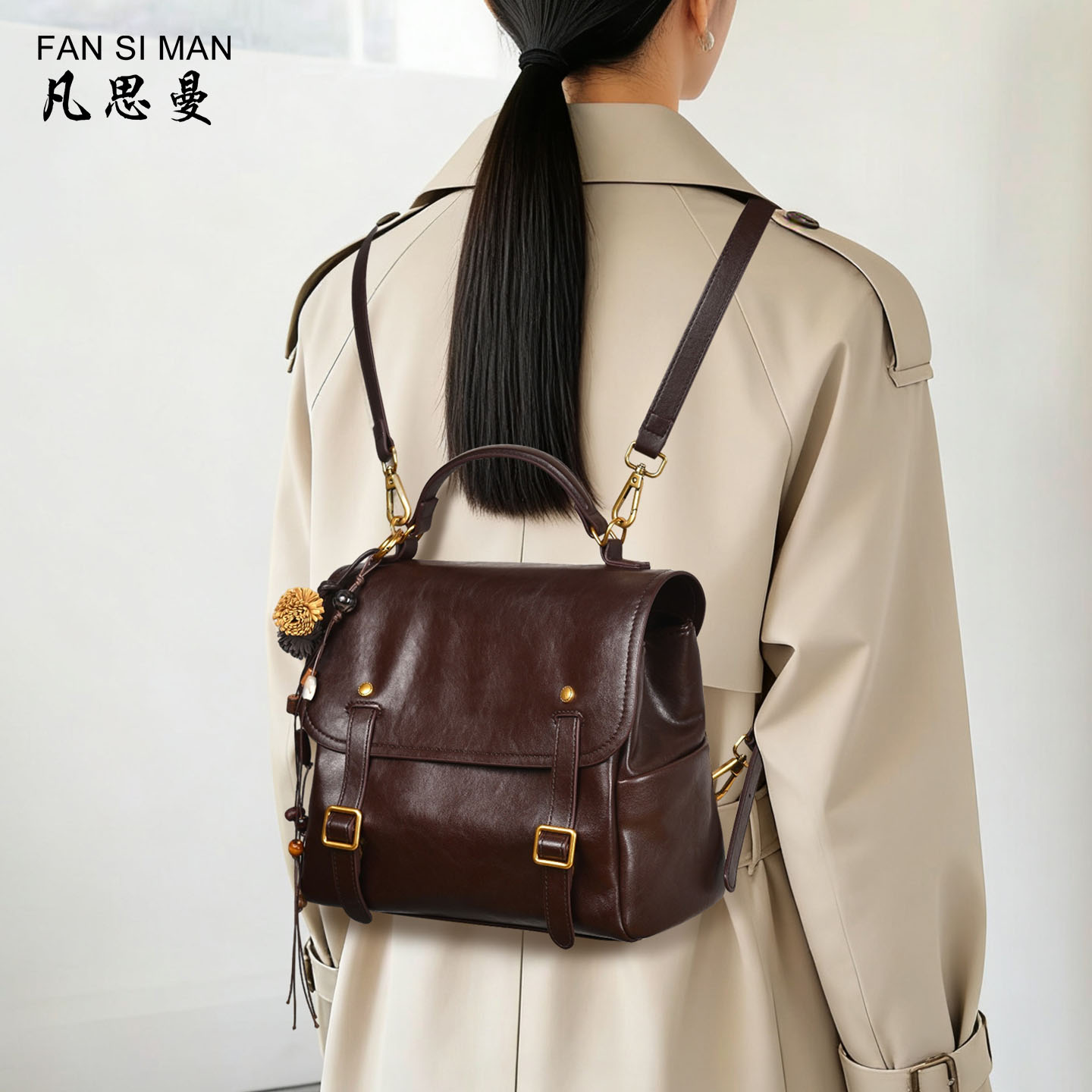 复古英伦女翻盖多功能双肩包图片