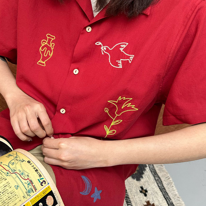 777男女同款度假复古古巴领宽松水洗棉特种锁链绣短袖衬衫显白