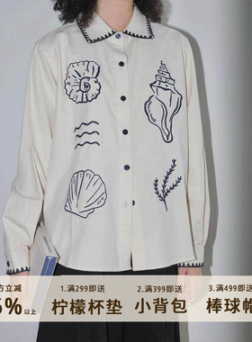 777TRIPLESEVEN复古象牙白贝壳绣长袖衬衫重磅面料抗皱高级感男女