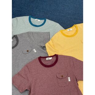 好朋友复古商店航海家美式复古4色定制条纹口袋男女同款短袖