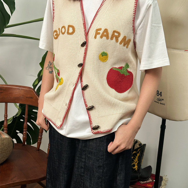 777男女同款美式复古番茄锁链绣花针织毛衣马甲开衫手工勾花边