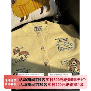 TRIPLESEVEN可爱嫩黄色小狗贴布开衫春季薄款复古毛衣